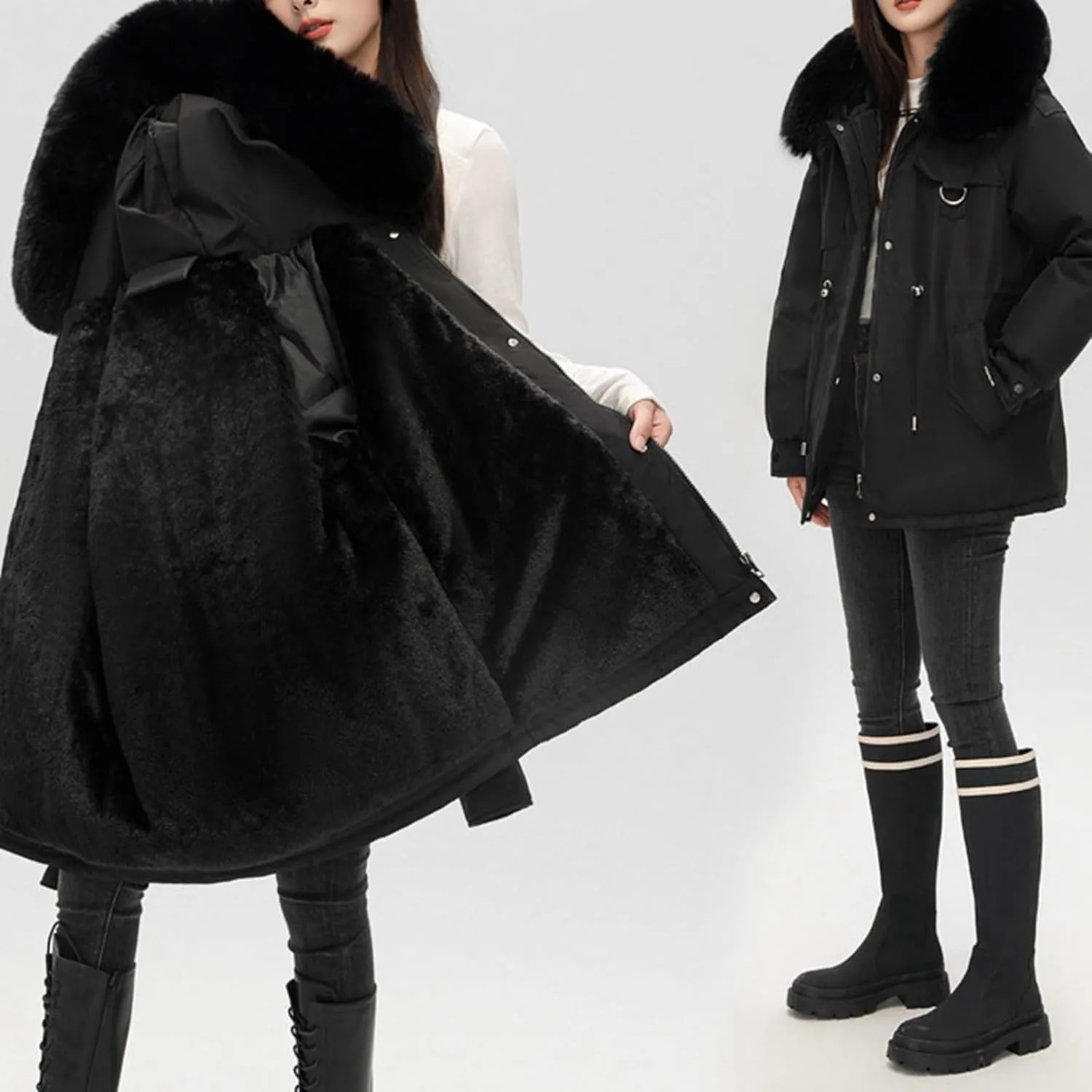 Women's Winter Thicken Puffer Coat Casual Warm Fleece Lined Down Jacket Faux Fur Hood Military Jacket Parka Travel