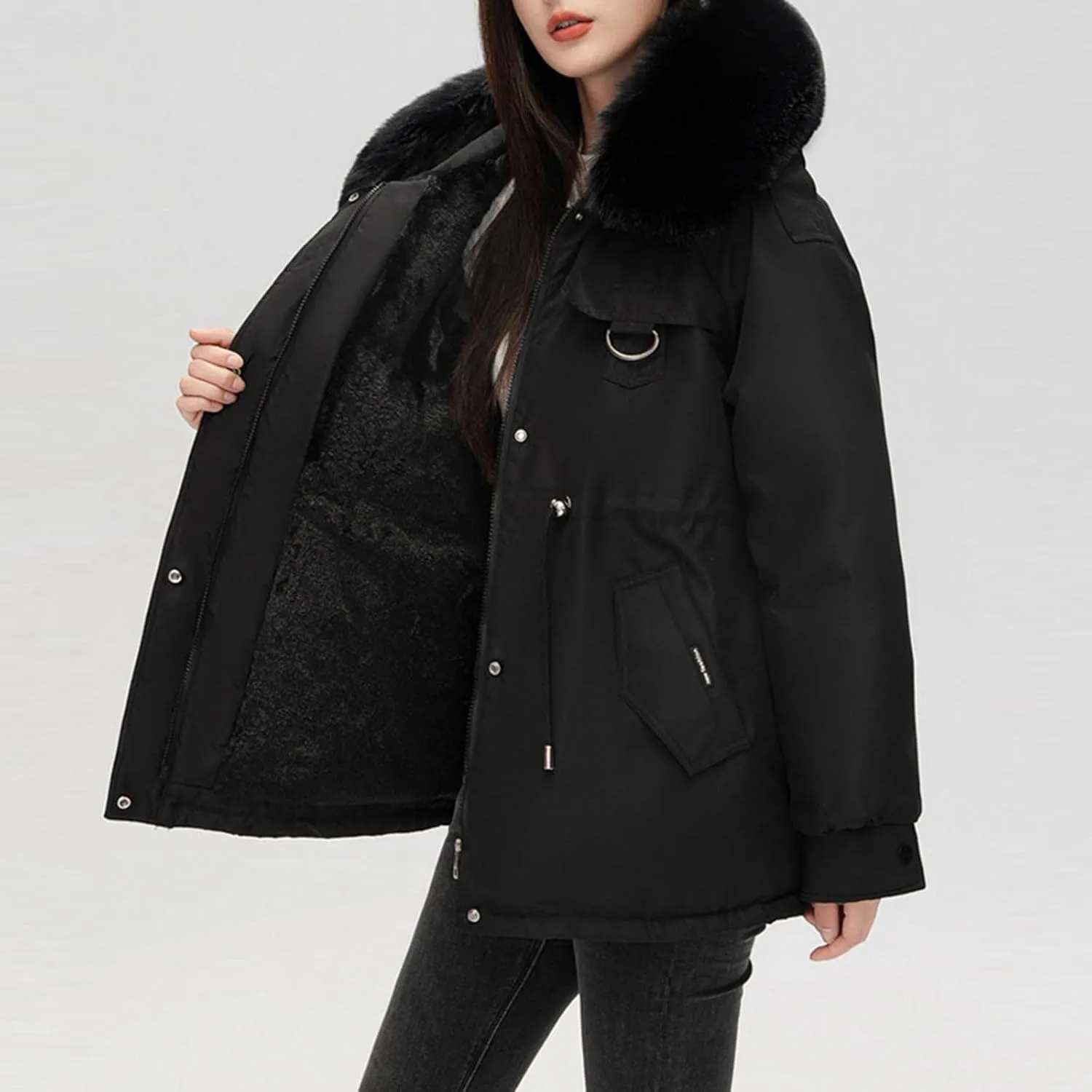 Women's Winter Thicken Puffer Coat Casual Warm Fleece Lined Down Jacket Faux Fur Hood Military Jacket Parka Travel