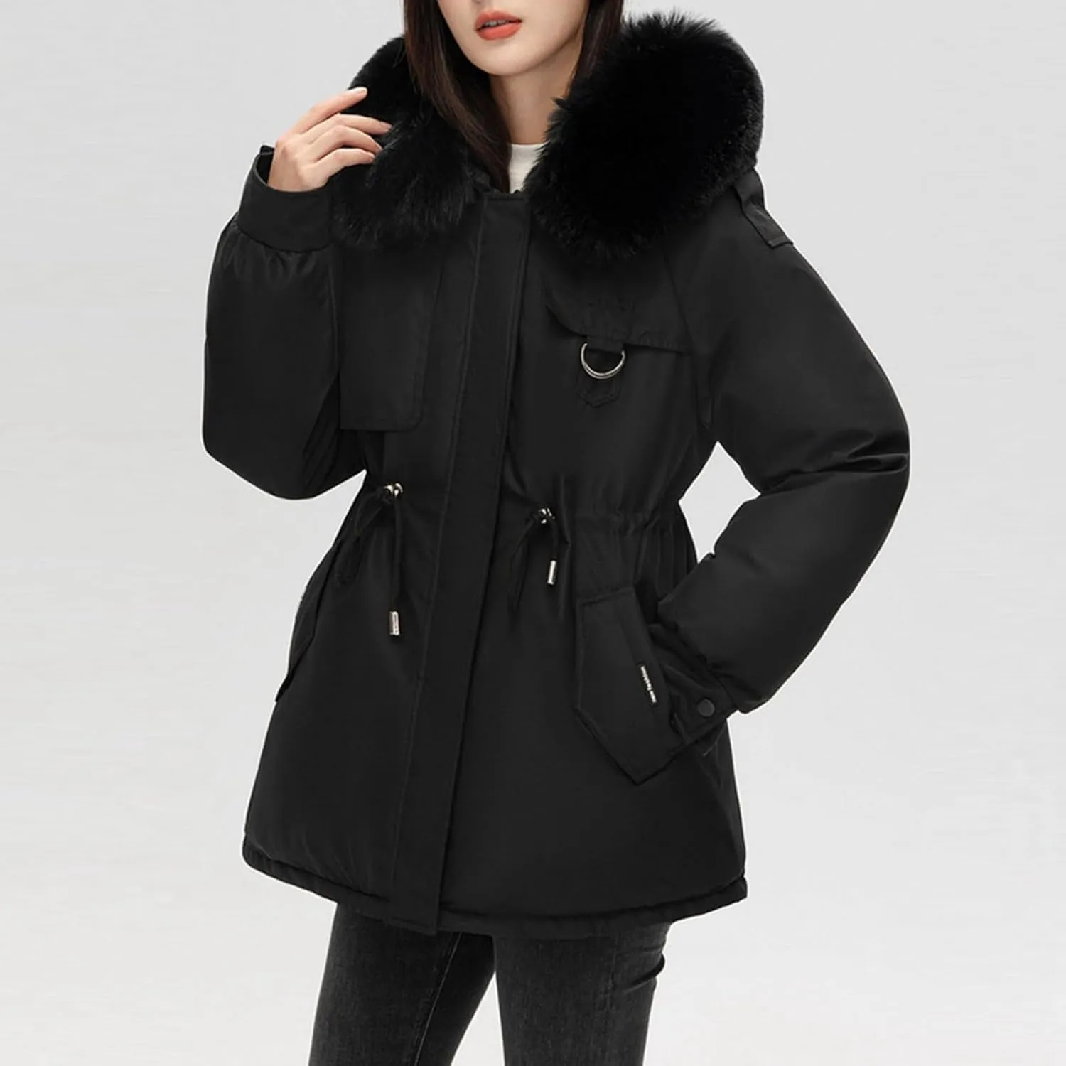 Women's Winter Thicken Puffer Coat Casual Warm Fleece Lined Down Jacket Faux Fur Hood Military Jacket Parka Travel