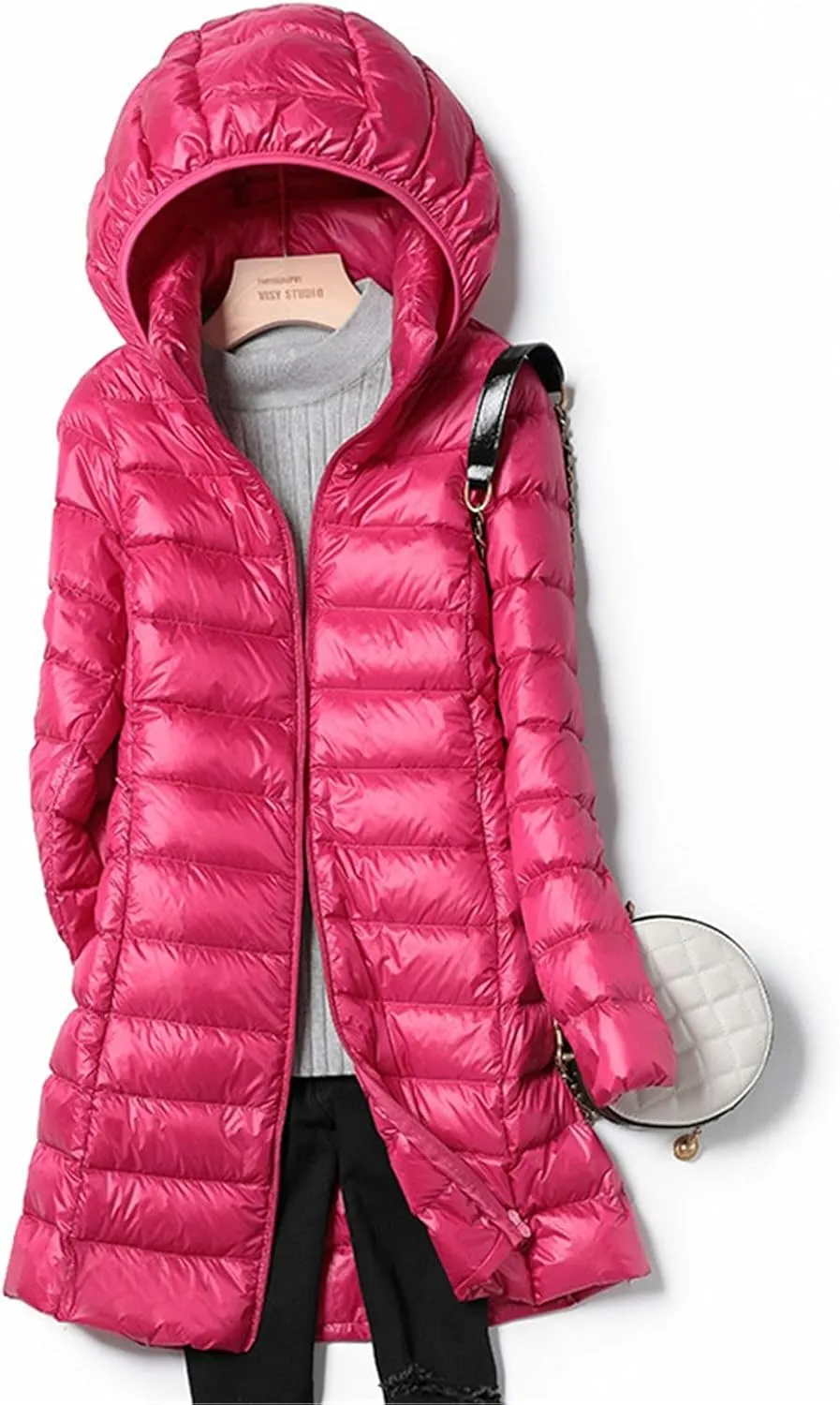 Women's Winter Wool Coat Long Sleeve Zip Puffer Quilted Winter Coat Jacket with Removable Hood Coats