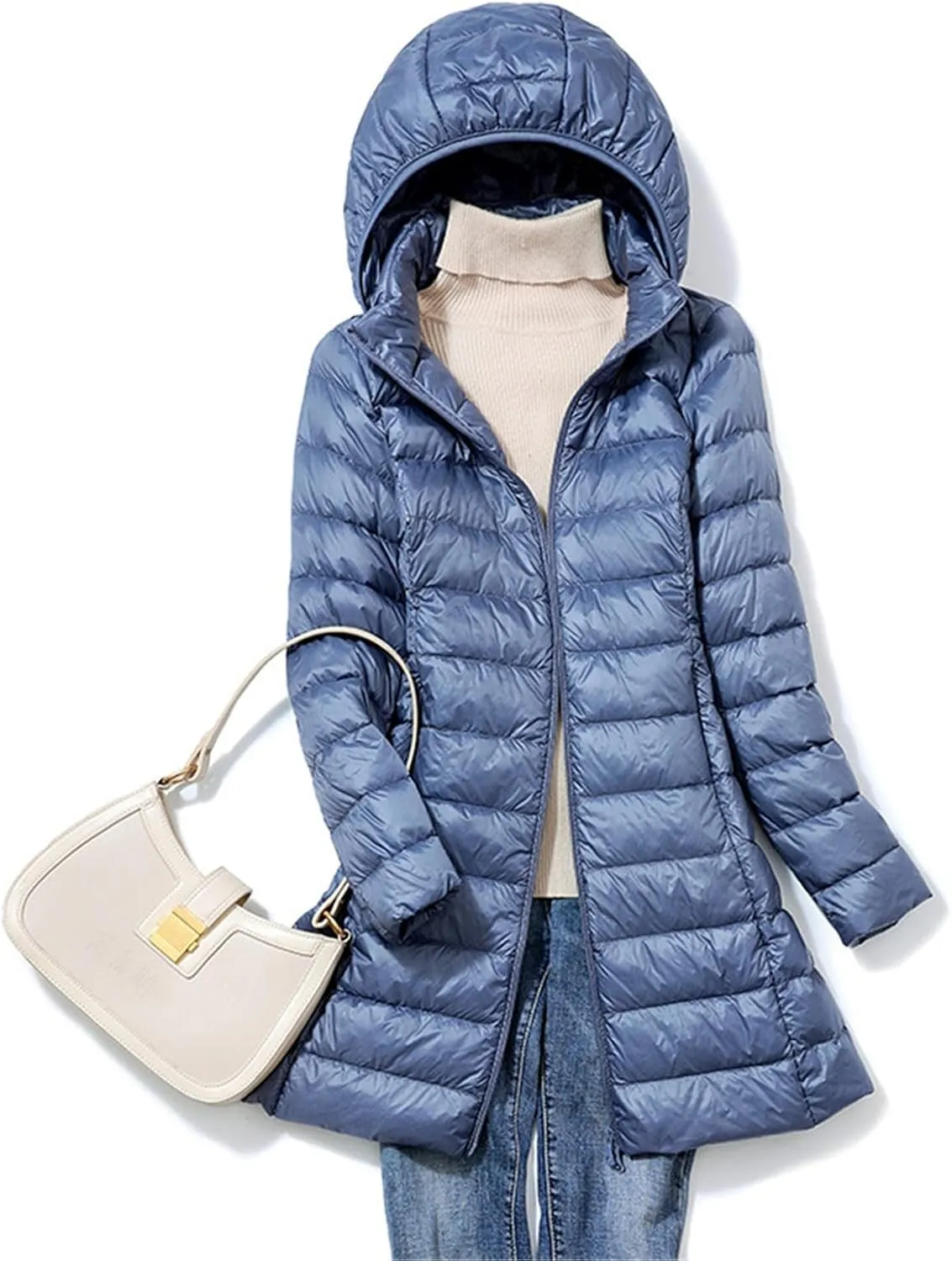 Women's Winter Wool Coat Long Sleeve Zip Puffer Quilted Winter Coat Jacket with Removable Hood Coats