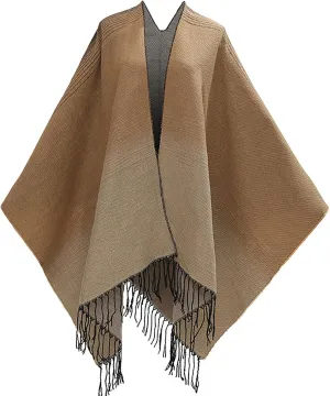 Women's Wraps and Shawls for Evening Dresses, Color Block Poncho Cape Tassels Open Front Cardigan Sweater for Winter