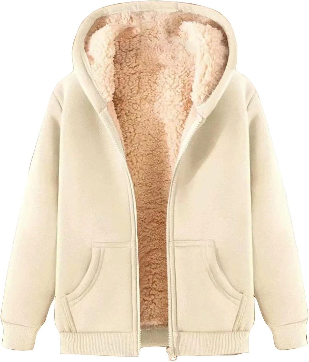 Womens Zip Up Hoodies Sherpa Lined Fleece Thermal Jacket Full Zip Winter Warm Casual Thick Coats Pockets