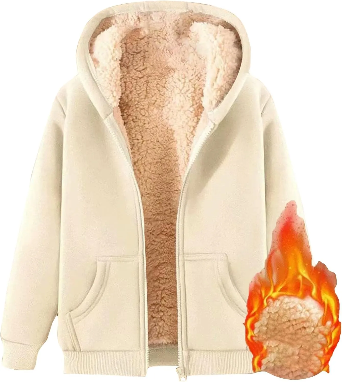 Womens Zip Up Hoodies Sherpa Lined Fleece Thermal Jacket Full Zip Winter Warm Casual Thick Coats Pockets