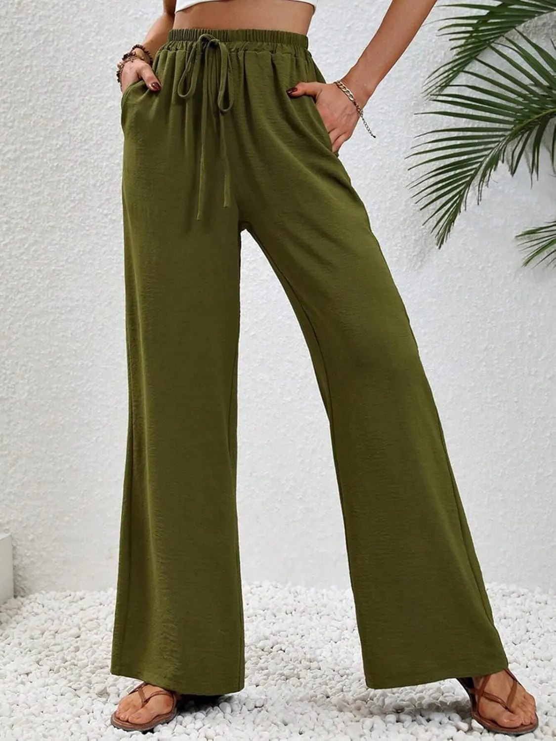 WOWULOVELY Women's High Waisted Wide Leg Long Pants Palazzo Casual Trousers with Pockets