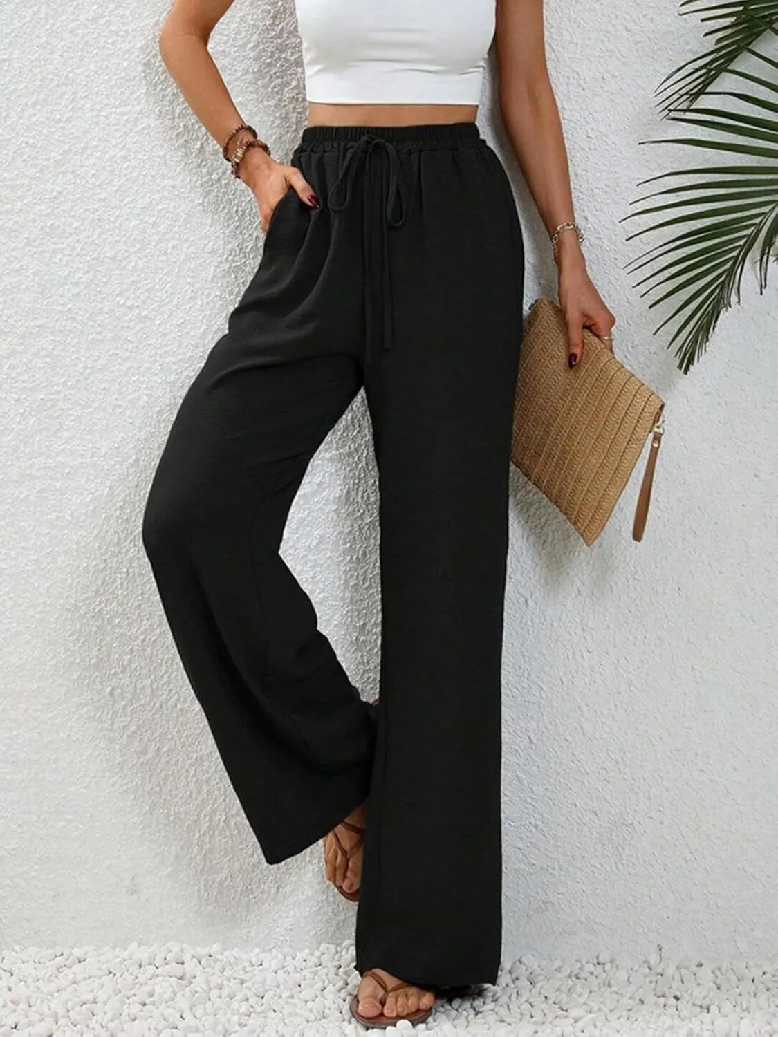 WOWULOVELY Women's High Waisted Wide Leg Long Pants Palazzo Casual Trousers with Pockets