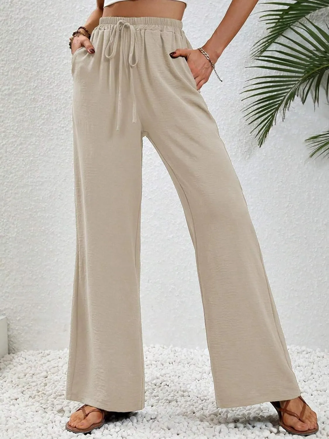 WOWULOVELY Women's High Waisted Wide Leg Long Pants Palazzo Casual Trousers with Pockets