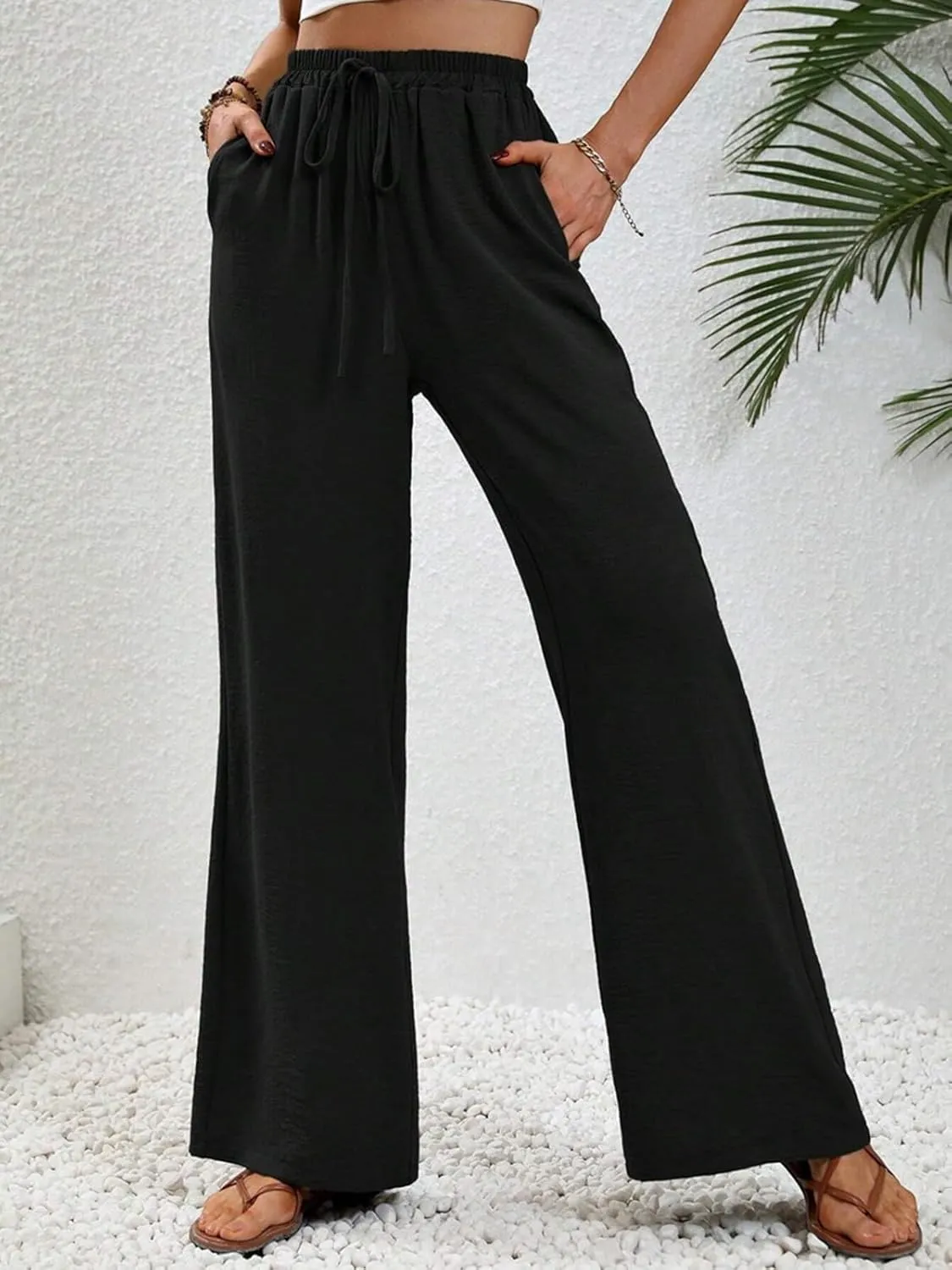 WOWULOVELY Women's High Waisted Wide Leg Long Pants Palazzo Casual Trousers with Pockets