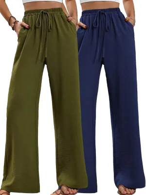 WOWULOVELY Women's High Waisted Wide Leg Long Pants Palazzo Casual Trousers with Pockets