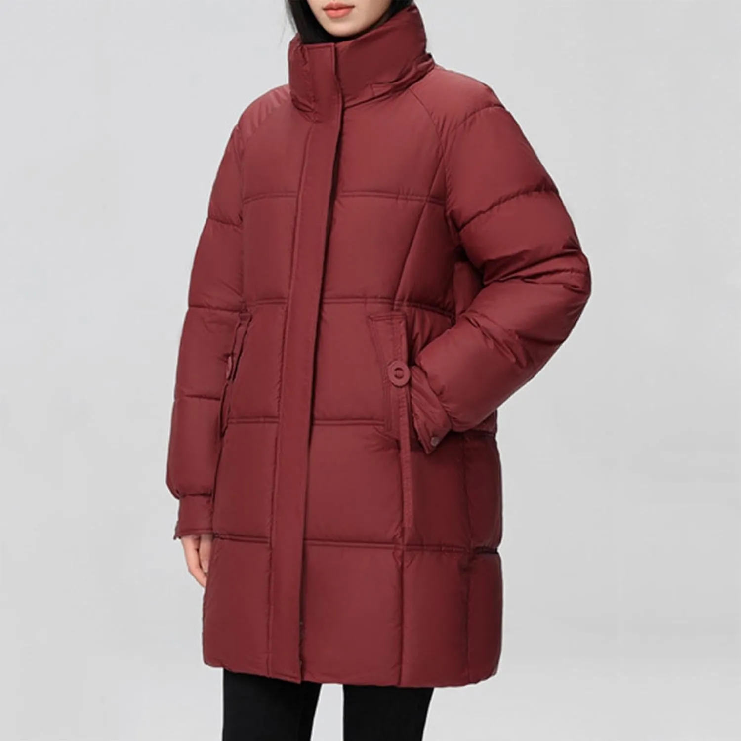 XUNRYAN Puffer Jacket Womens Mid Long Winter Warm Down Coat Quilted Lightweight Hooded Thicken Parka Anorak Cotton Overcoat
