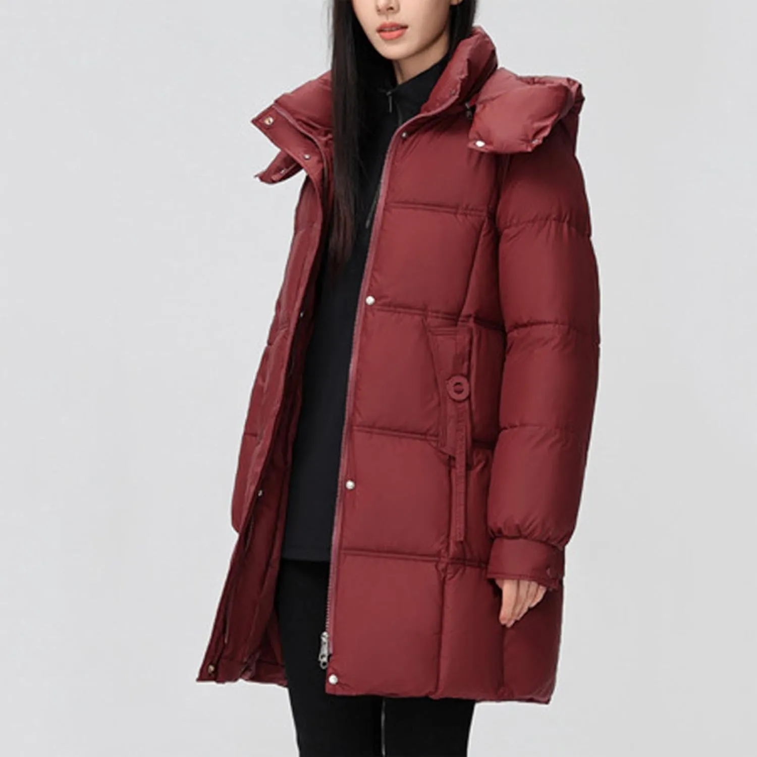 XUNRYAN Puffer Jacket Womens Mid Long Winter Warm Down Coat Quilted Lightweight Hooded Thicken Parka Anorak Cotton Overcoat