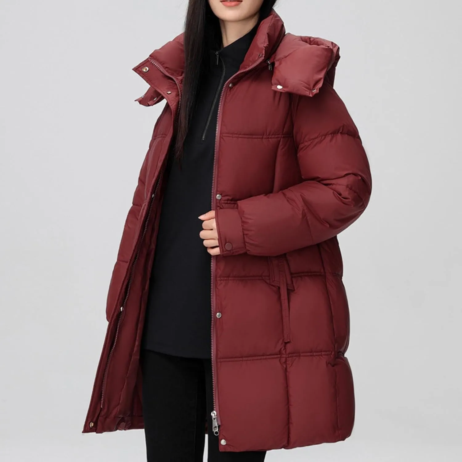 XUNRYAN Puffer Jacket Womens Mid Long Winter Warm Down Coat Quilted Lightweight Hooded Thicken Parka Anorak Cotton Overcoat