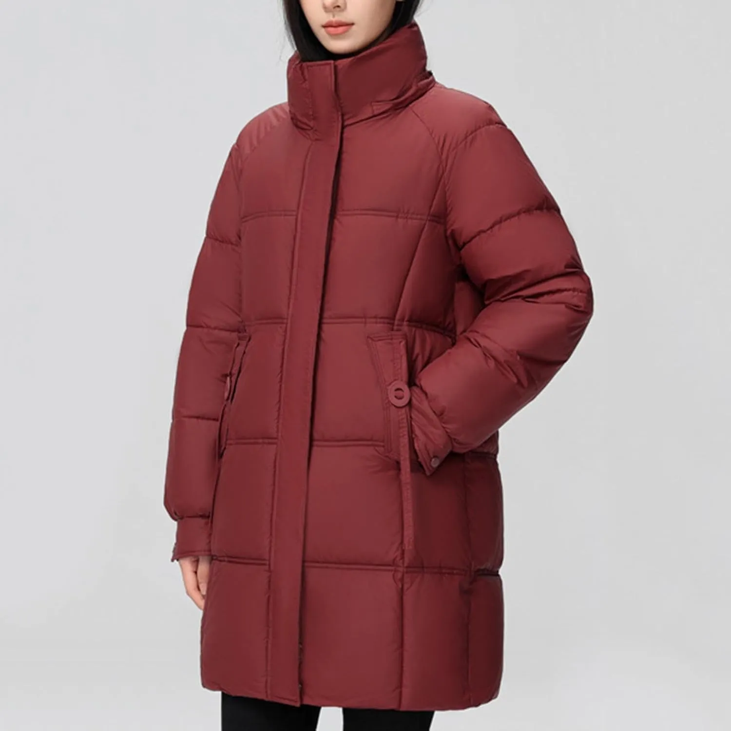 XUNRYAN Puffer Jacket Womens Mid Long Winter Warm Down Coat Quilted Lightweight Hooded Thicken Parka Anorak Cotton Overcoat