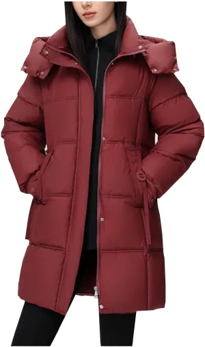XUNRYAN Puffer Jacket Womens Mid Long Winter Warm Down Coat Quilted Lightweight Hooded Thicken Parka Anorak Cotton Overcoat