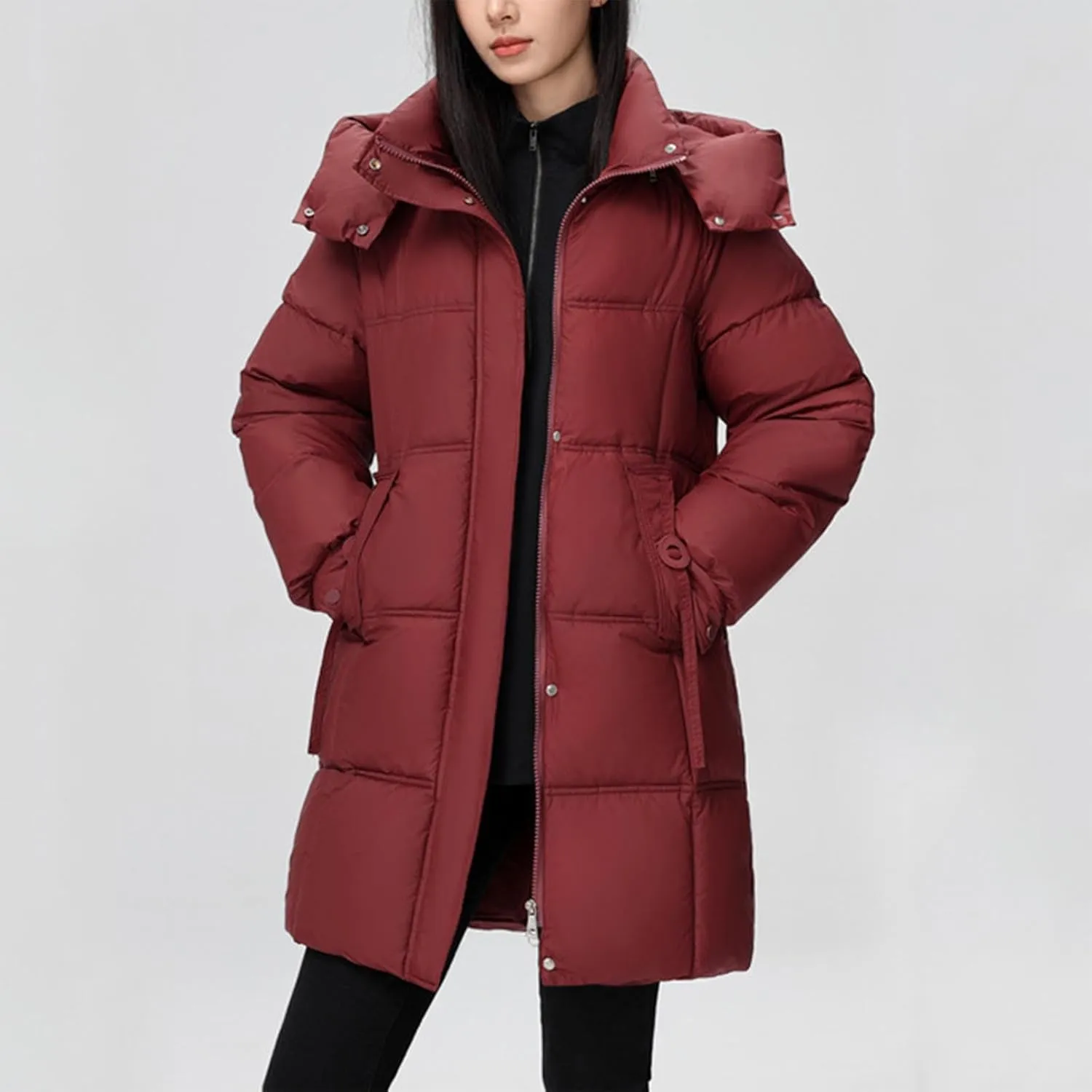 XUNRYAN Puffer Jacket Womens Mid Long Winter Warm Down Coat Quilted Lightweight Hooded Thicken Parka Anorak Cotton Overcoat
