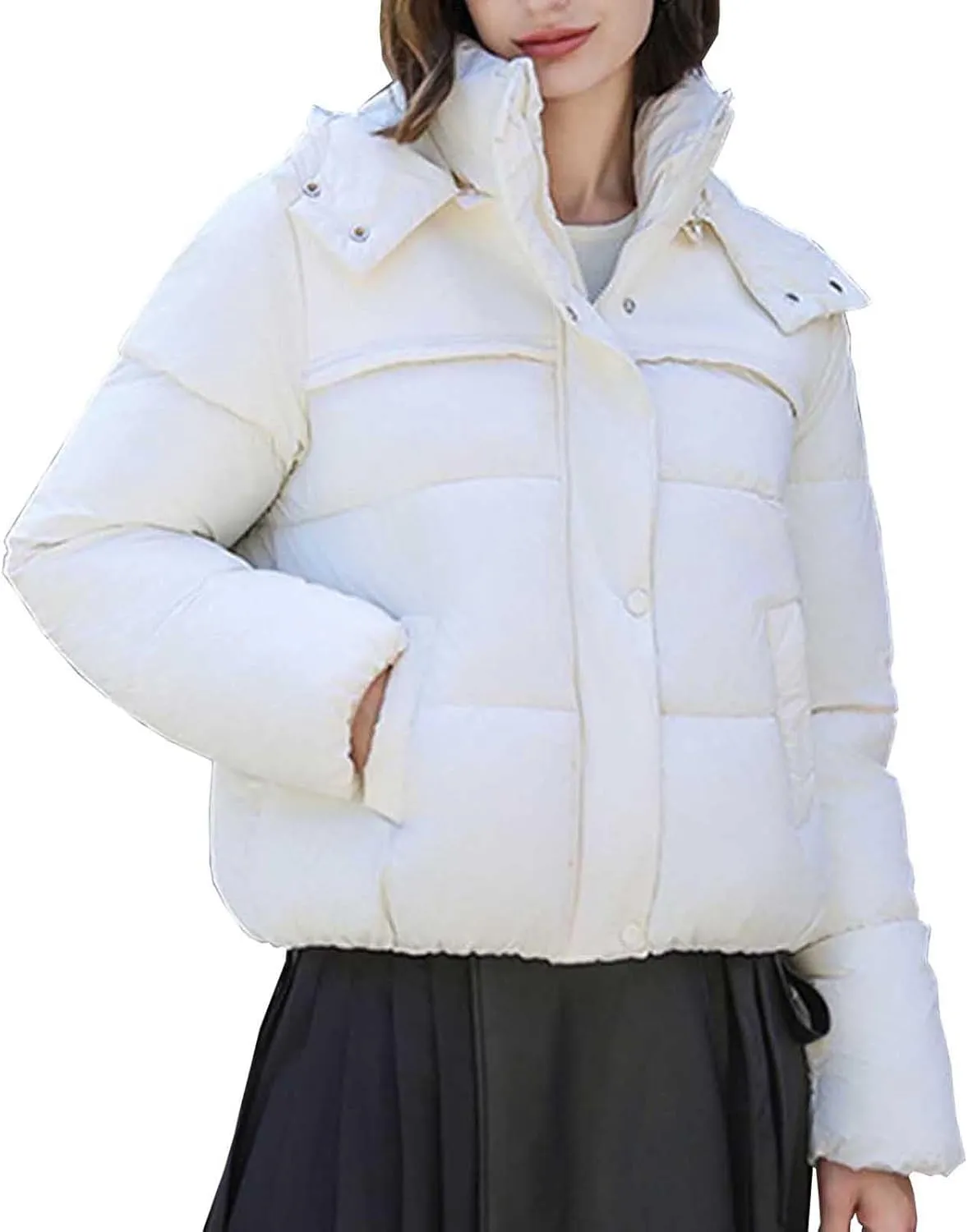XUNRYAN Winter Coat Women Short Puffer Jackets Hooded Warm Parka Zip Up Down Coat Casual Thick Anorak Parka Outerwear Pockets