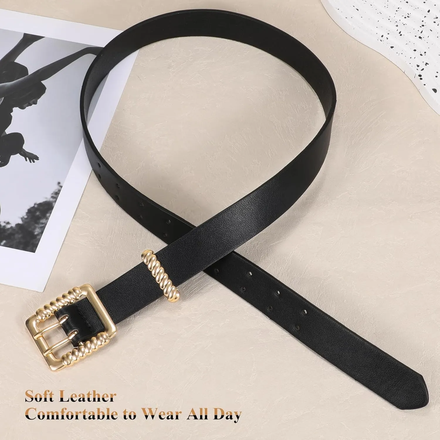 XZQTIVE Leather Belts for Women Classic Black Belt Belt with Gold Square Buckle for Jeans Pants,1.1" width