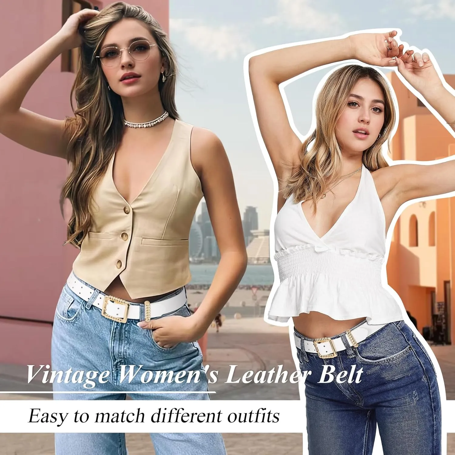 XZQTIVE Leather Belts for Women Classic Black Belt Belt with Gold Square Buckle for Jeans Pants,1.1" width