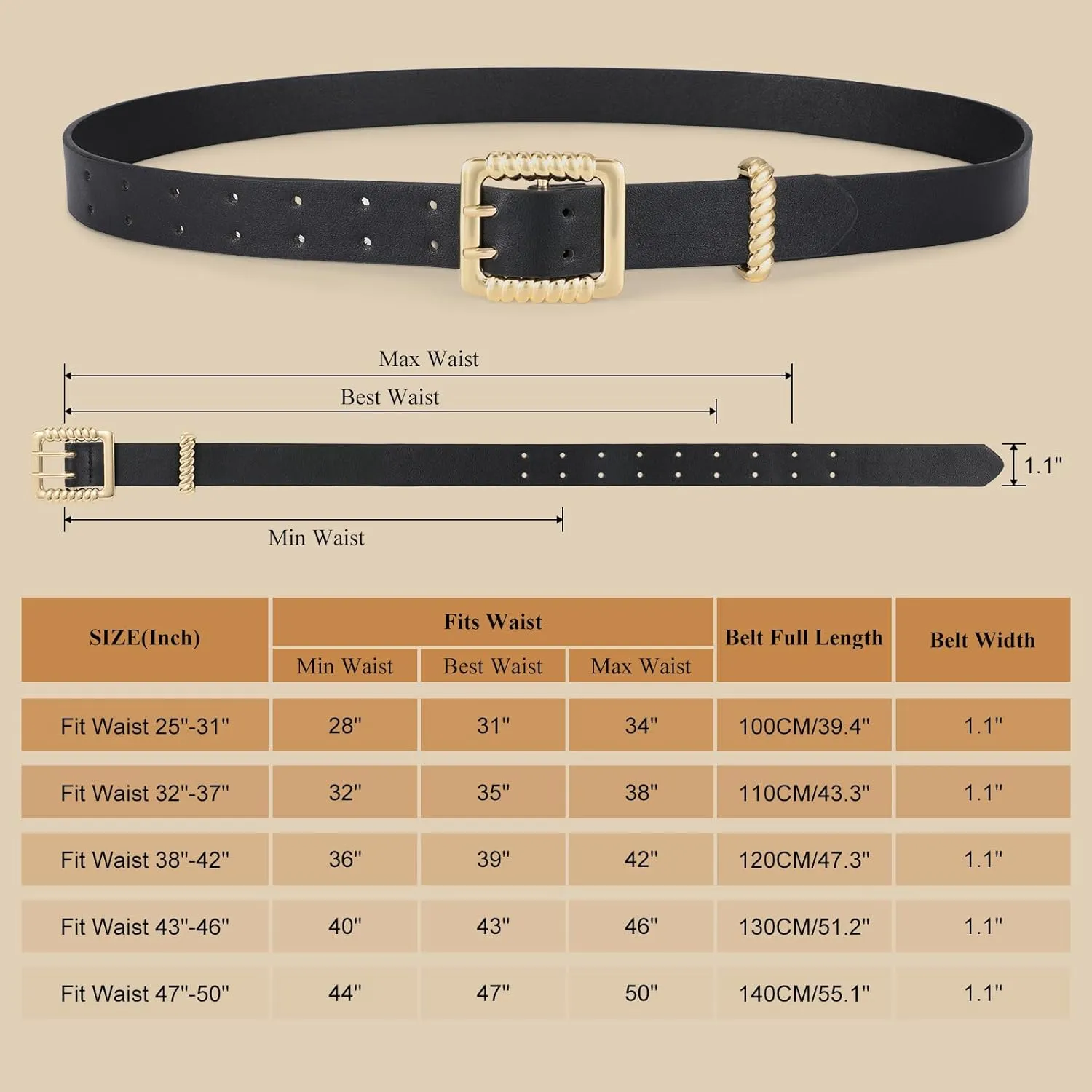 XZQTIVE Leather Belts for Women Classic Black Belt Belt with Gold Square Buckle for Jeans Pants,1.1" width