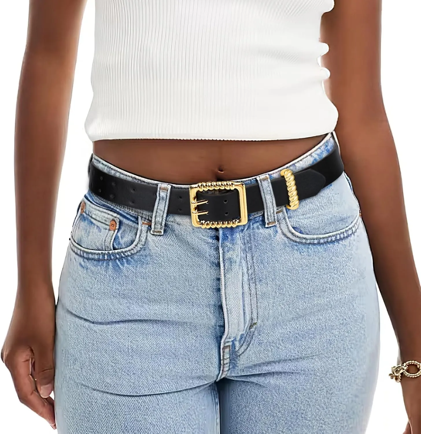 XZQTIVE Leather Belts for Women Classic Black Belt Belt with Gold Square Buckle for Jeans Pants,1.1" width