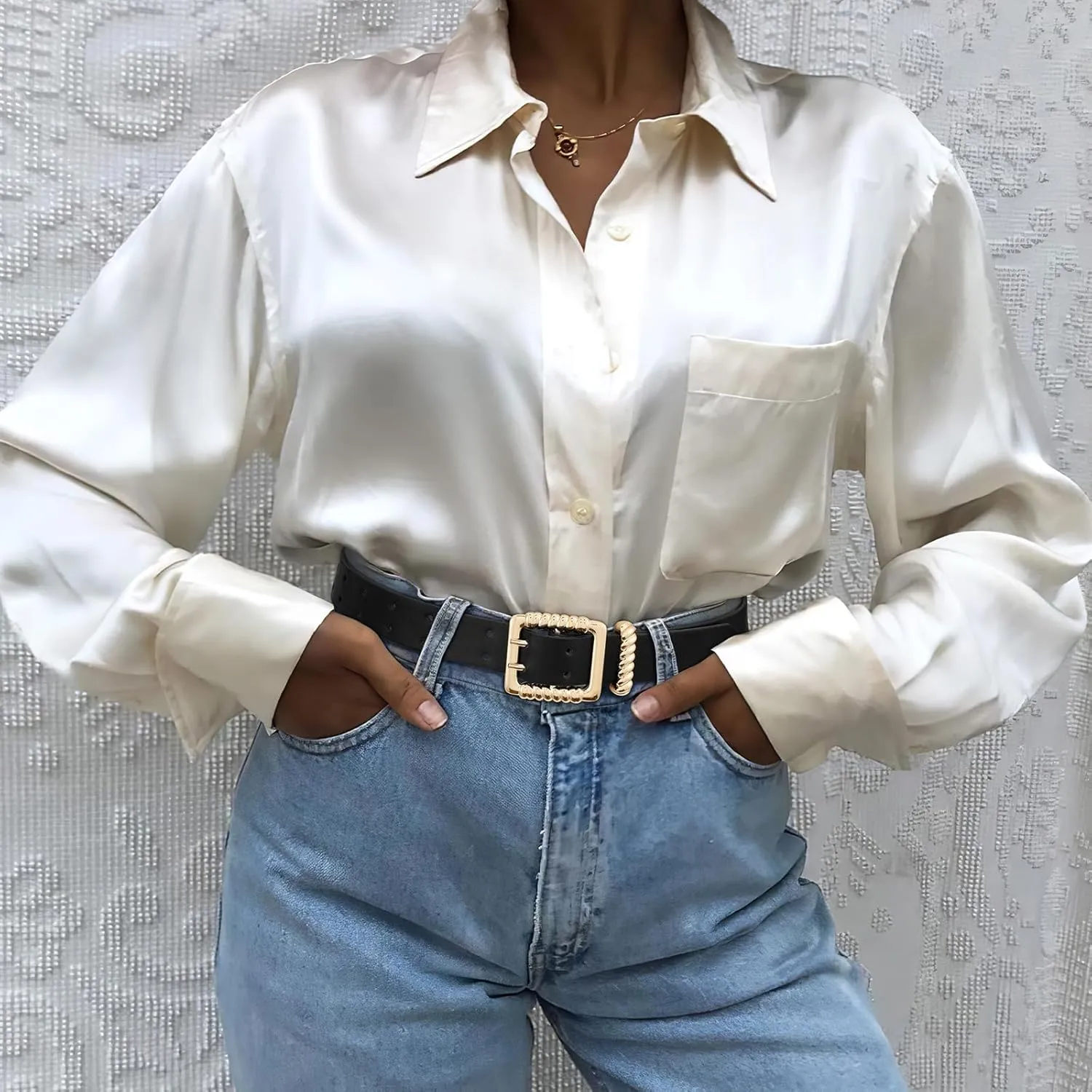 XZQTIVE Leather Belts for Women Classic Black Belt Belt with Gold Square Buckle for Jeans Pants,1.1" width