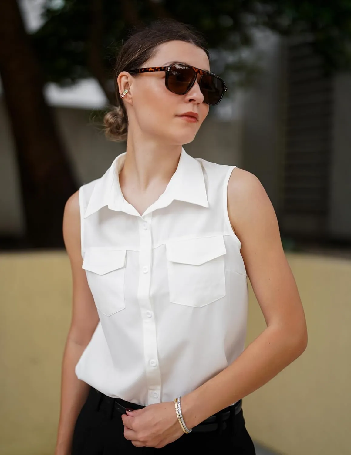 Zeagoo Sleeveless Button Down Shirt for Women Casual V Neck Blouses Solid Collared Tops Summer Dressy Shirts