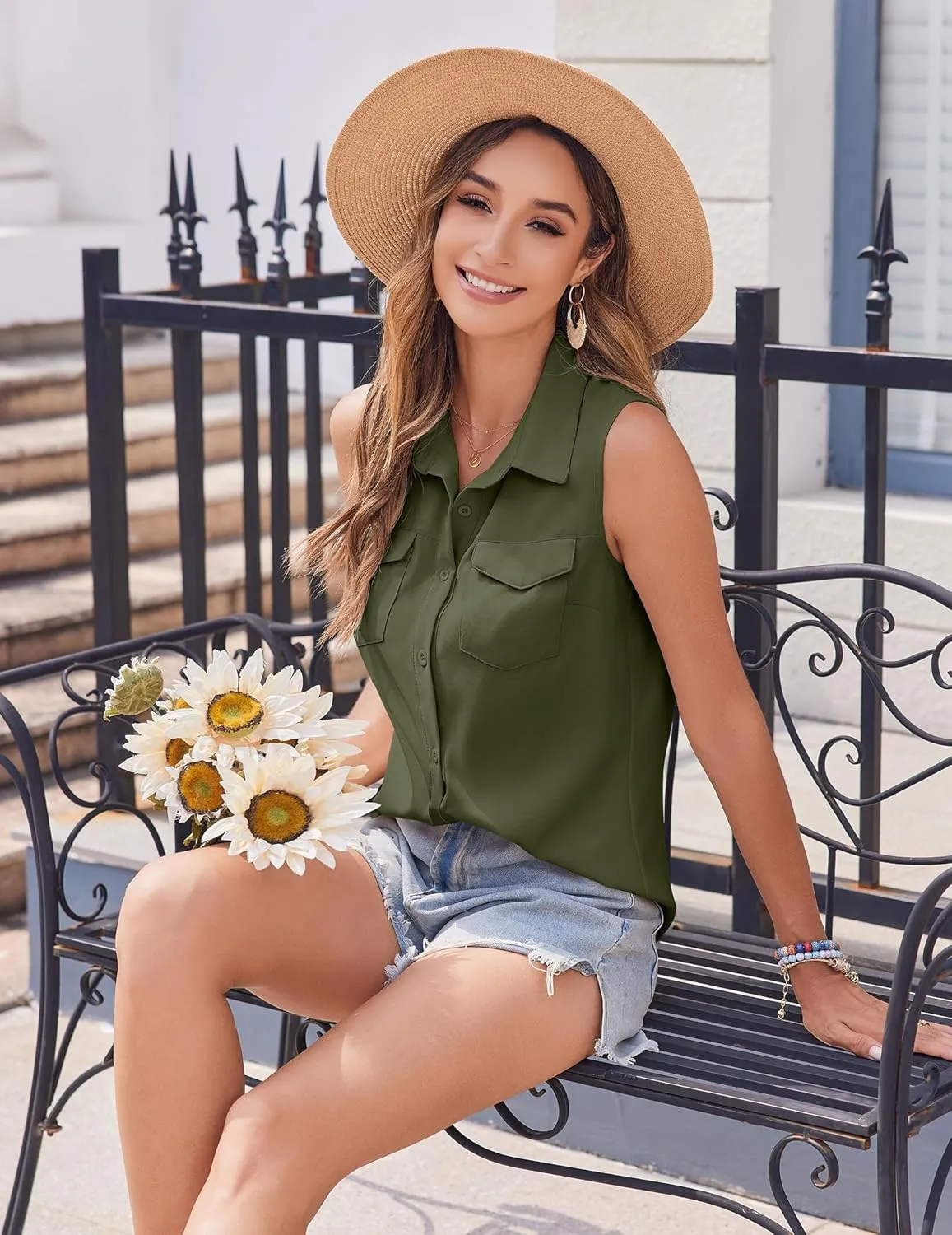 Zeagoo Sleeveless Button Down Shirt for Women Casual V Neck Blouses Solid Collared Tops Summer Dressy Shirts