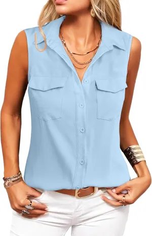 Zeagoo Sleeveless Button Down Shirt for Women Casual V Neck Blouses Solid Collared Tops Summer Dressy Shirts