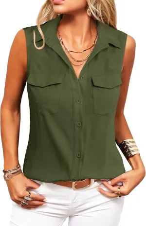 Zeagoo Sleeveless Button Down Shirt for Women Casual V Neck Blouses Solid Collared Tops Summer Dressy Shirts