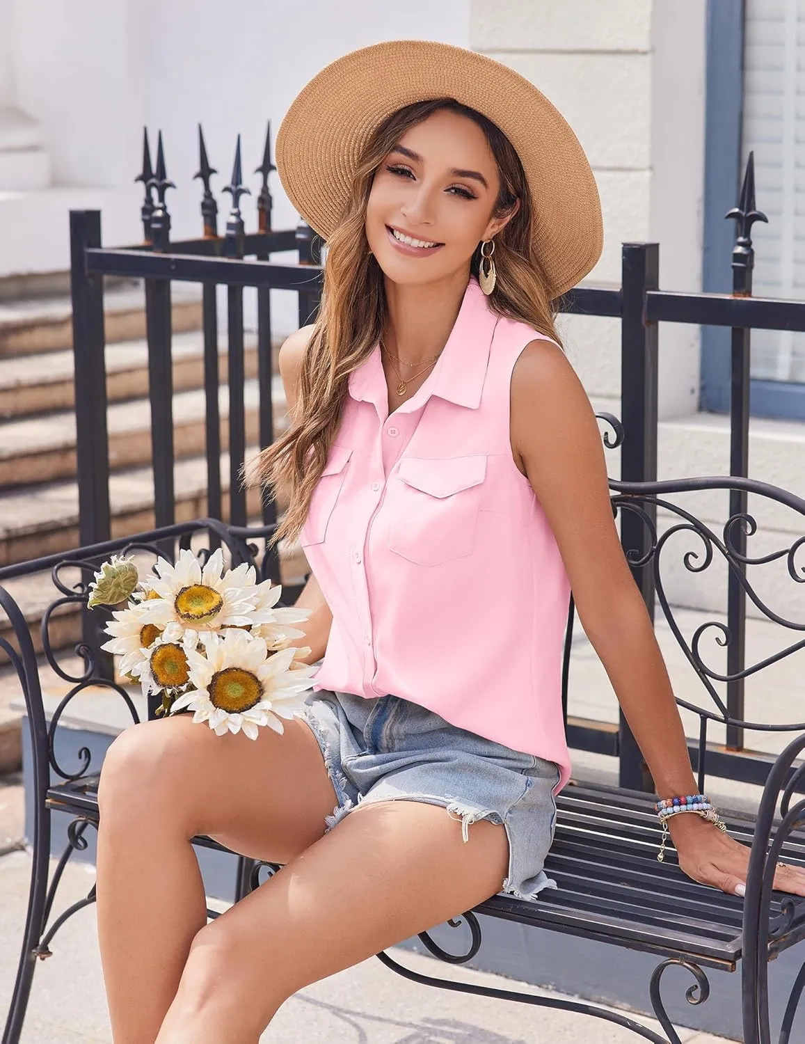 Zeagoo Sleeveless Button Down Shirt for Women Casual V Neck Blouses Solid Collared Tops Summer Dressy Shirts