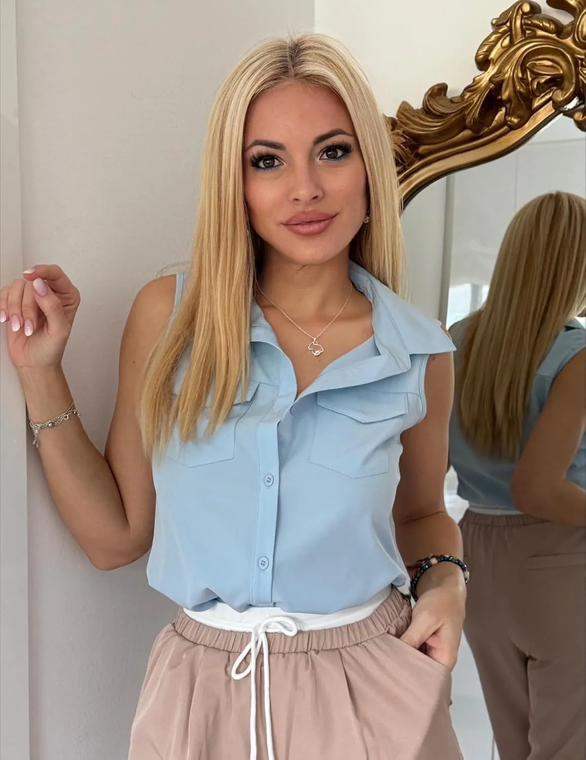 Zeagoo Sleeveless Button Down Shirt for Women Casual V Neck Blouses Solid Collared Tops Summer Dressy Shirts