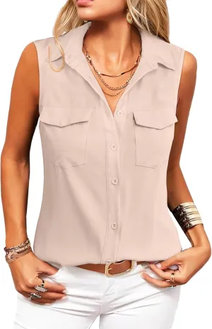Zeagoo Sleeveless Button Down Shirt for Women Casual V Neck Blouses Solid Collared Tops Summer Dressy Shirts