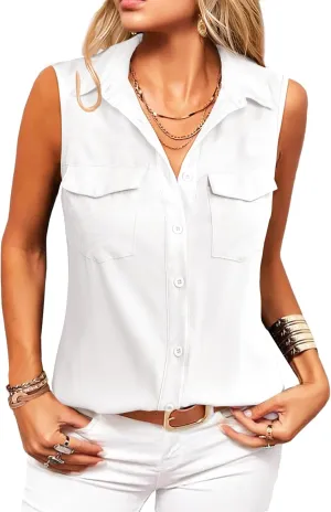 Zeagoo Sleeveless Button Down Shirt for Women Casual V Neck Blouses Solid Collared Tops Summer Dressy Shirts