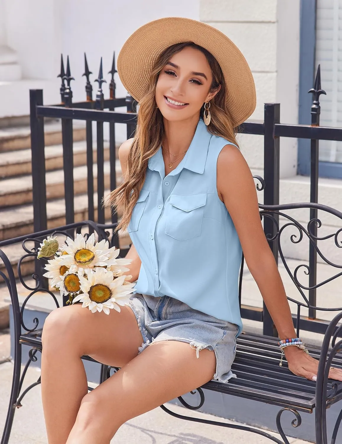 Zeagoo Sleeveless Button Down Shirt for Women Casual V Neck Blouses Solid Collared Tops Summer Dressy Shirts