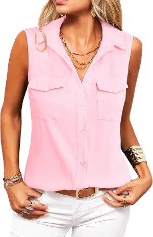 Zeagoo Sleeveless Button Down Shirt for Women Casual V Neck Blouses Solid Collared Tops Summer Dressy Shirts