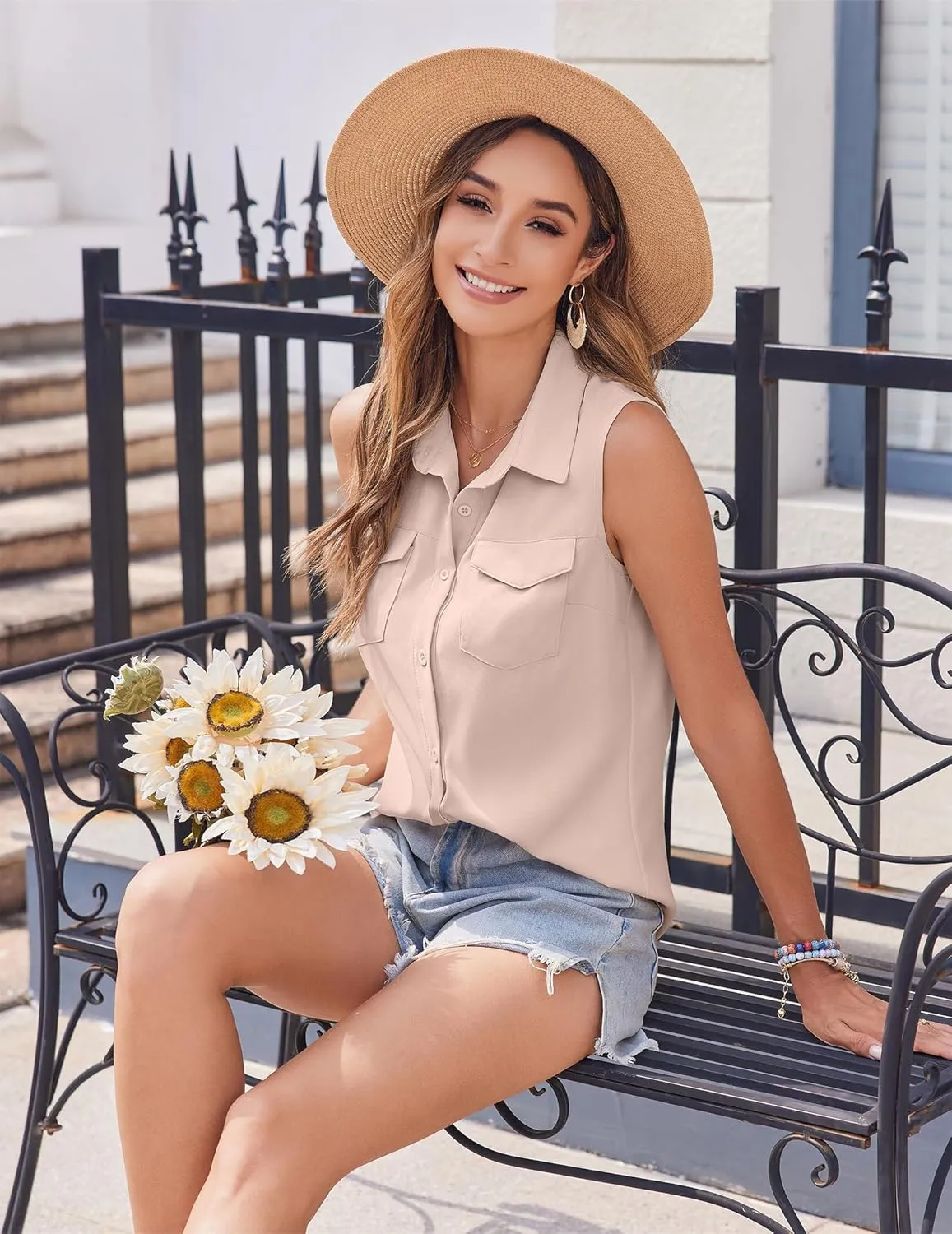 Zeagoo Sleeveless Button Down Shirt for Women Casual V Neck Blouses Solid Collared Tops Summer Dressy Shirts