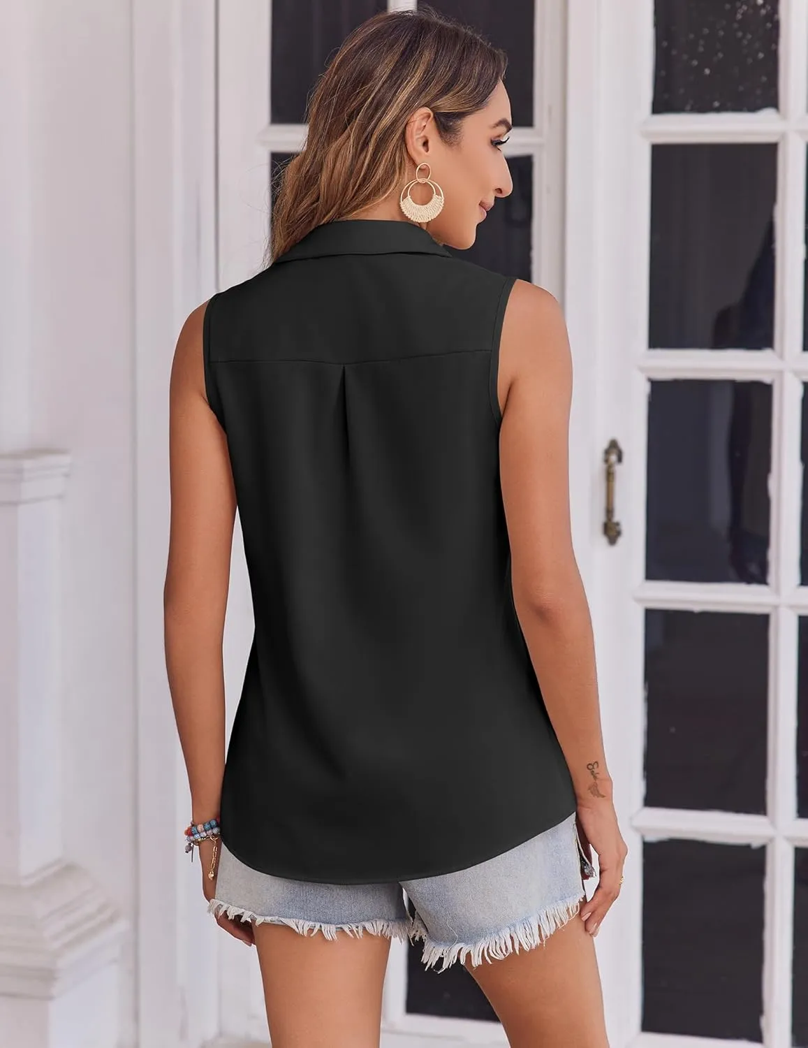Zeagoo Sleeveless Button Down Shirt for Women Casual V Neck Blouses Solid Collared Tops Summer Dressy Shirts