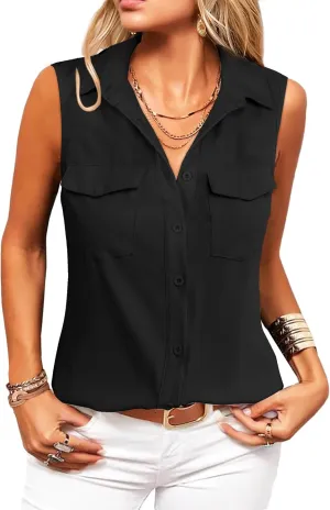 Zeagoo Sleeveless Button Down Shirt for Women Casual V Neck Blouses Solid Collared Tops Summer Dressy Shirts