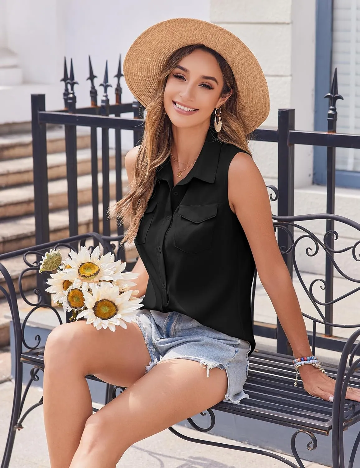 Zeagoo Sleeveless Button Down Shirt for Women Casual V Neck Blouses Solid Collared Tops Summer Dressy Shirts