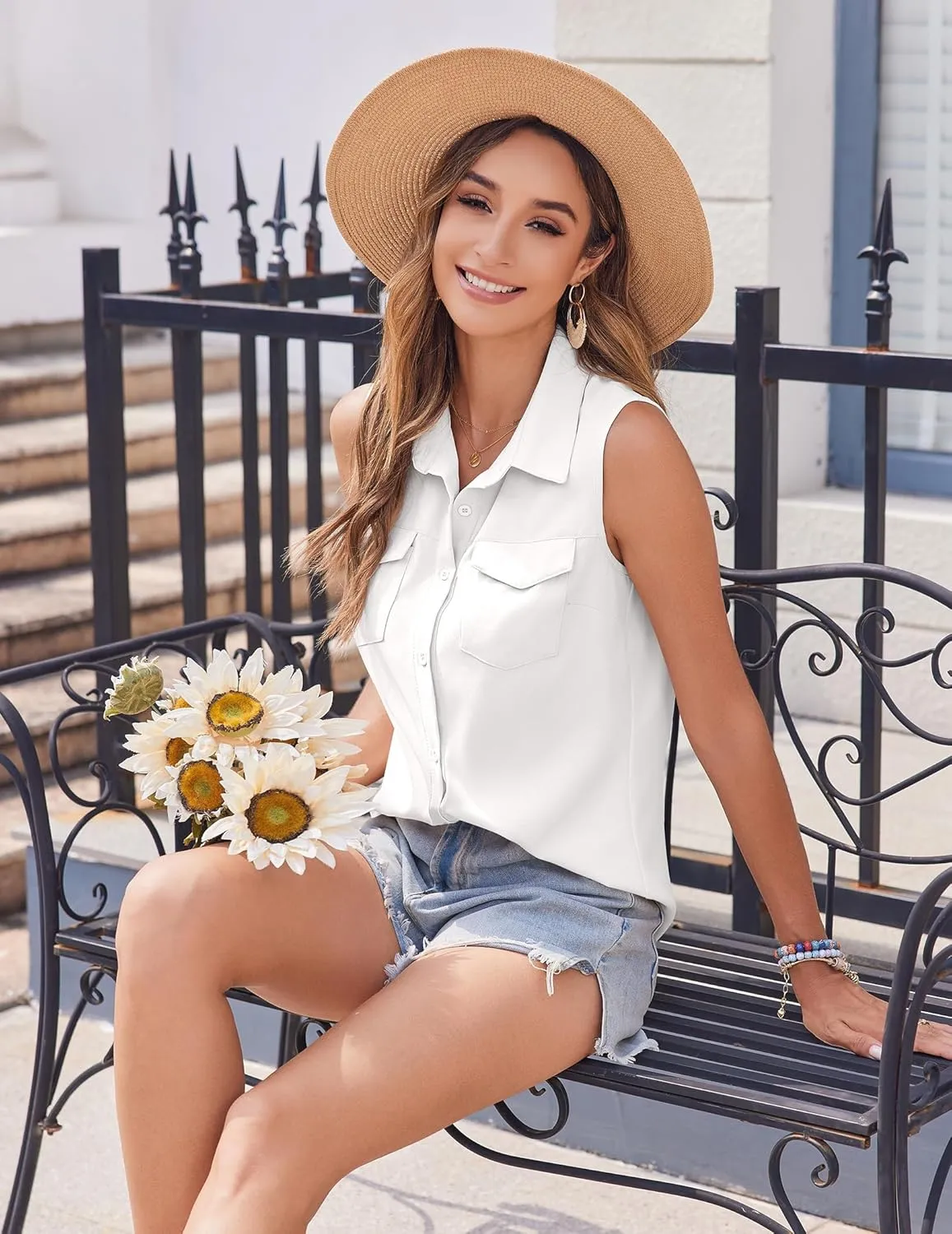 Zeagoo Sleeveless Button Down Shirt for Women Casual V Neck Blouses Solid Collared Tops Summer Dressy Shirts