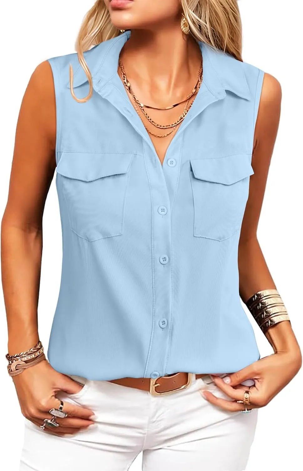 Zeagoo Sleeveless Button Down Shirt for Women Casual V Neck Blouses Solid Collared Tops Summer Dressy Shirts