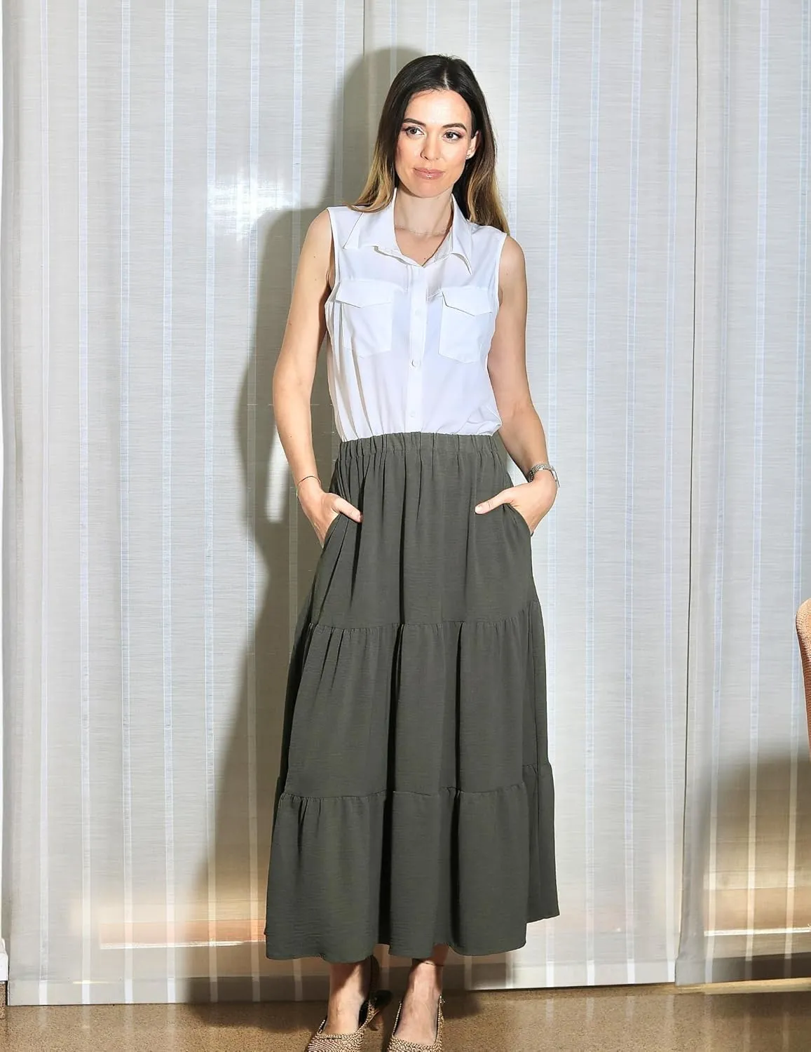Zeagoo Sleeveless Button Down Shirt for Women Casual V Neck Blouses Solid Collared Tops Summer Dressy Shirts