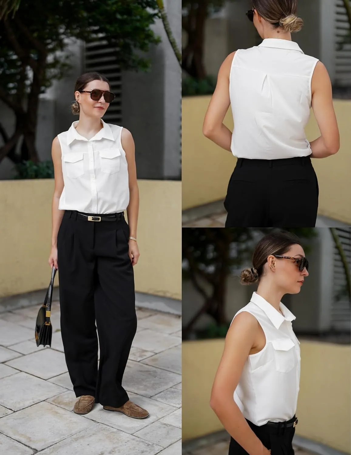 Zeagoo Sleeveless Button Down Shirt for Women Casual V Neck Blouses Solid Collared Tops Summer Dressy Shirts