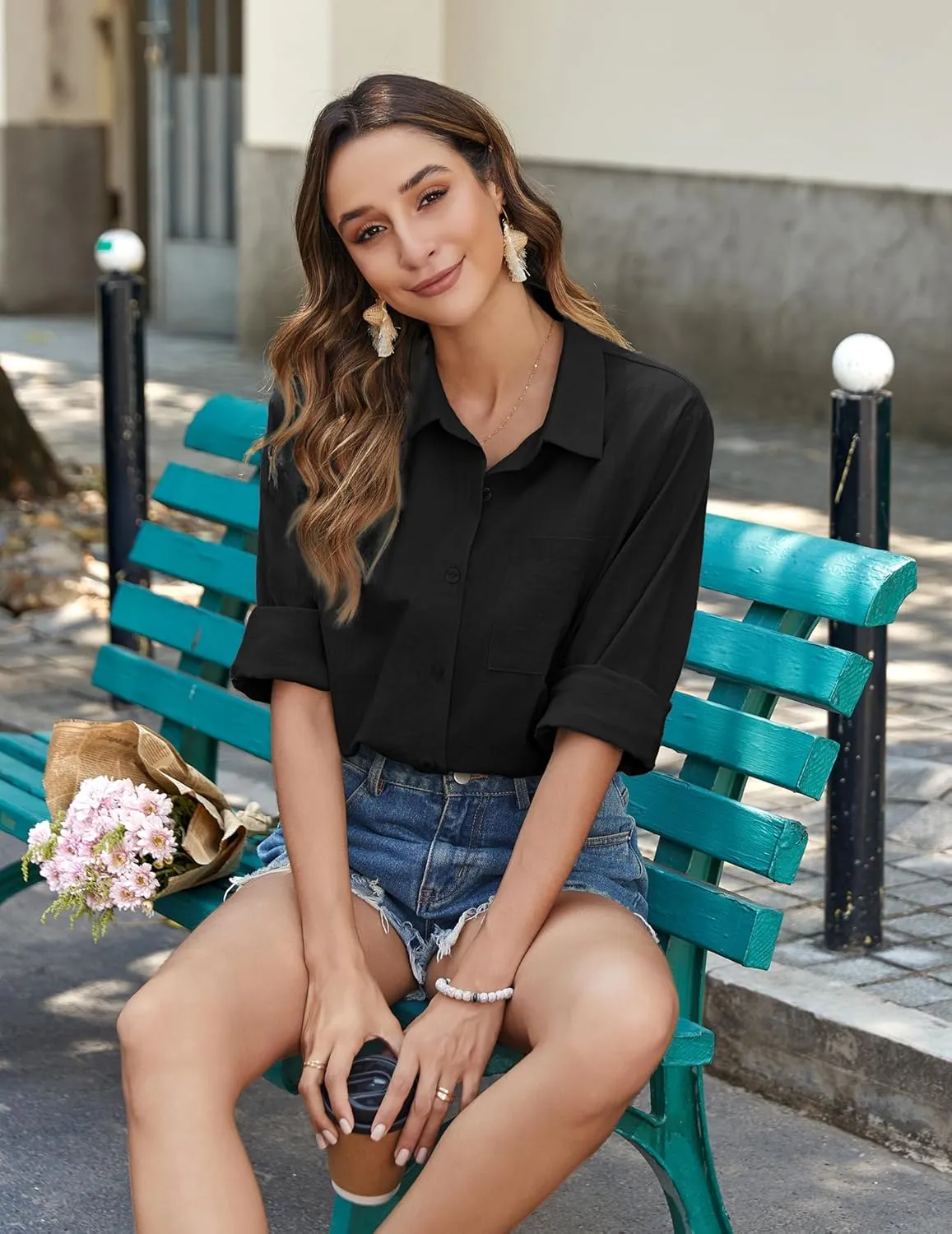 Zeagoo Womens Button Down Shirts Long Sleeve Cotton Gauze Tops Casual Collared Blouses Loose Fit