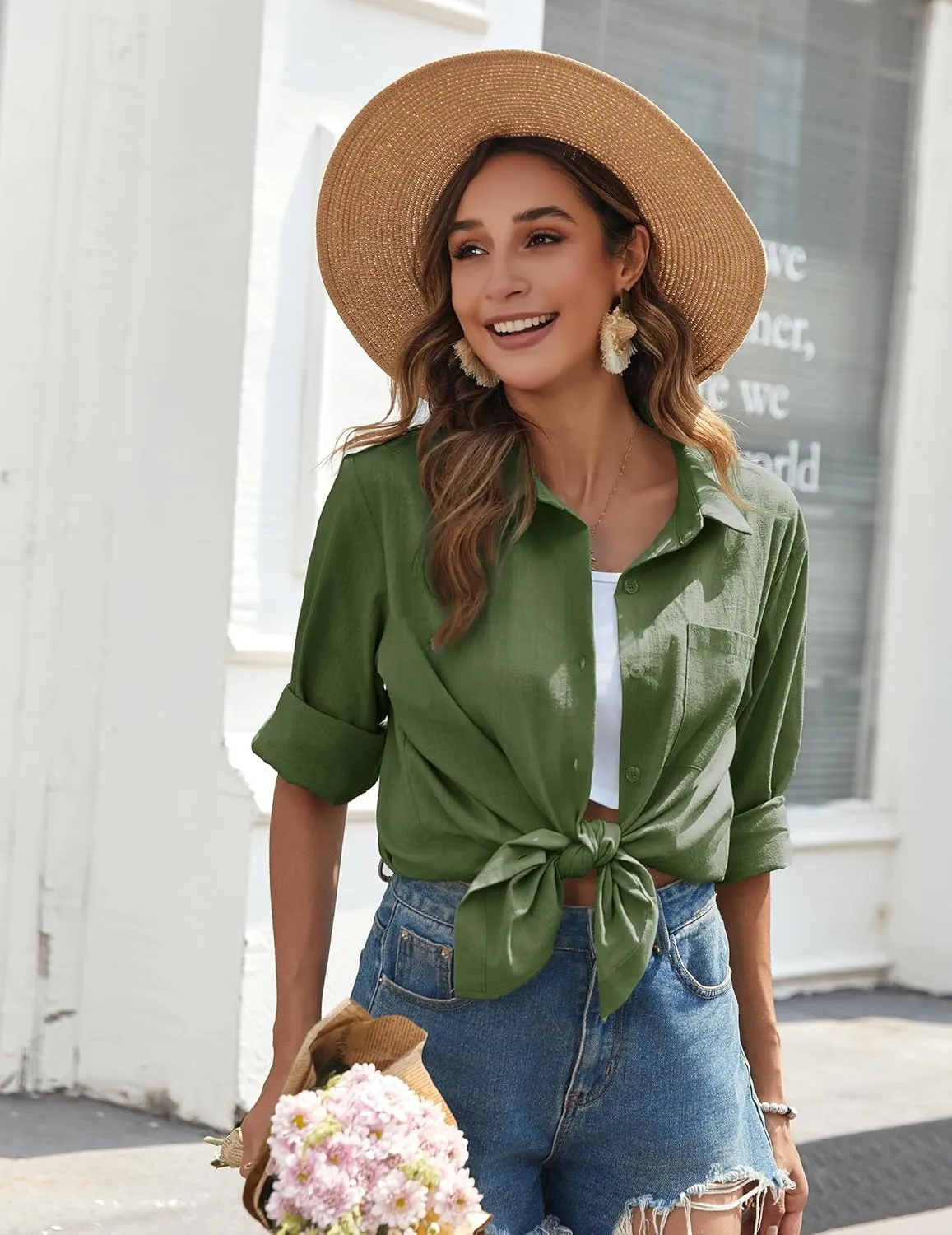Zeagoo Womens Button Down Shirts Long Sleeve Cotton Gauze Tops Casual Collared Blouses Loose Fit