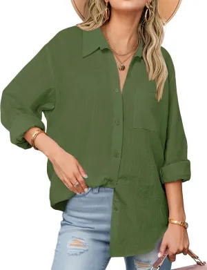 Zeagoo Womens Button Down Shirts Long Sleeve Cotton Gauze Tops Casual Collared Blouses Loose Fit