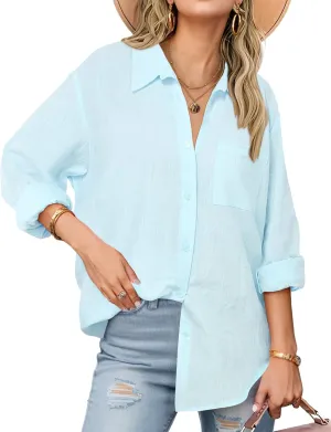 Zeagoo Womens Button Down Shirts Long Sleeve Cotton Gauze Tops Casual Collared Blouses Loose Fit