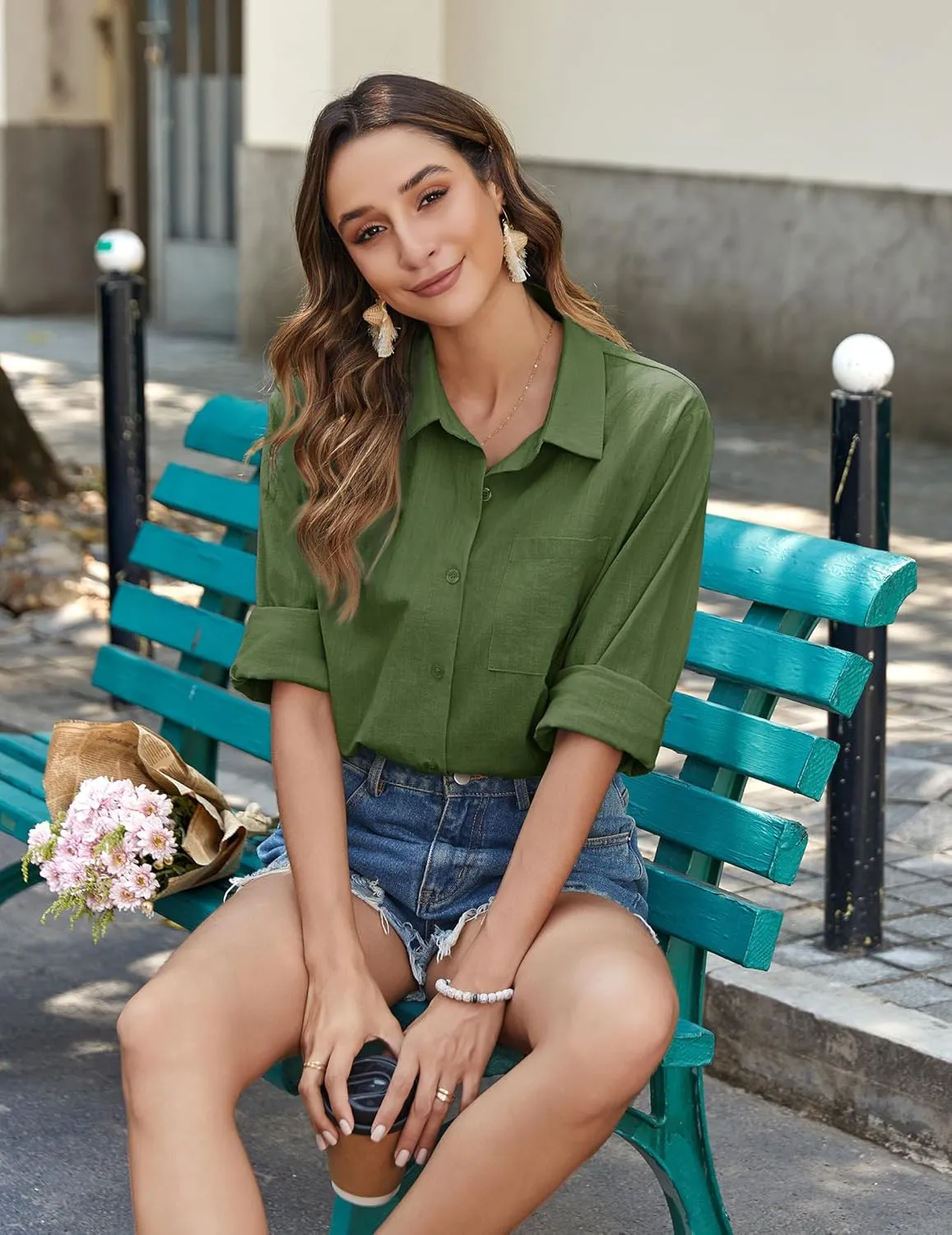 Zeagoo Womens Button Down Shirts Long Sleeve Cotton Gauze Tops Casual Collared Blouses Loose Fit