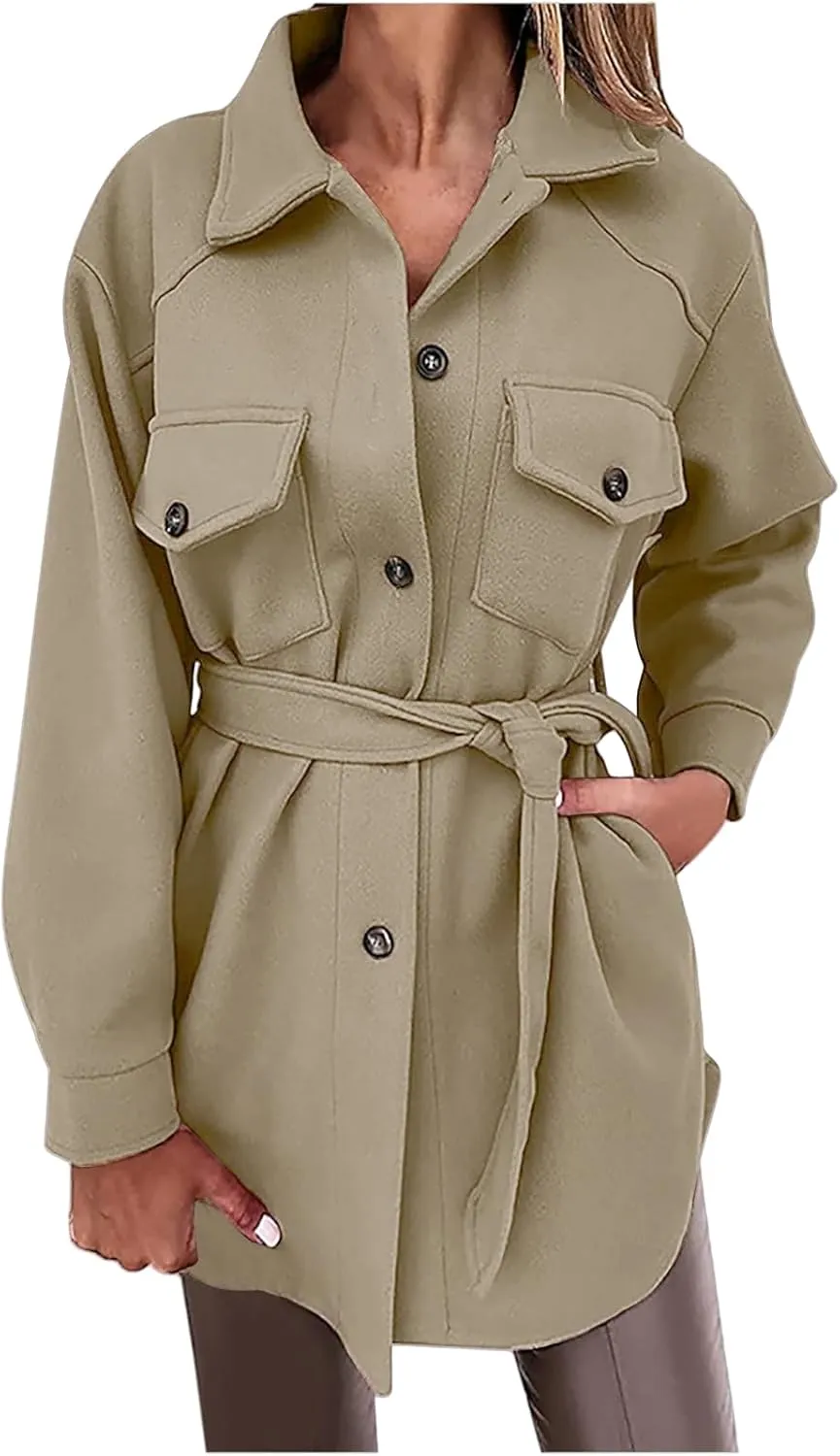 ZWRXW Women's Wool Blend Trench Coat Button Down Long Sleeve Belted Jacket Casual Loose Fit Lapel Coats Fall Fashion Outwear